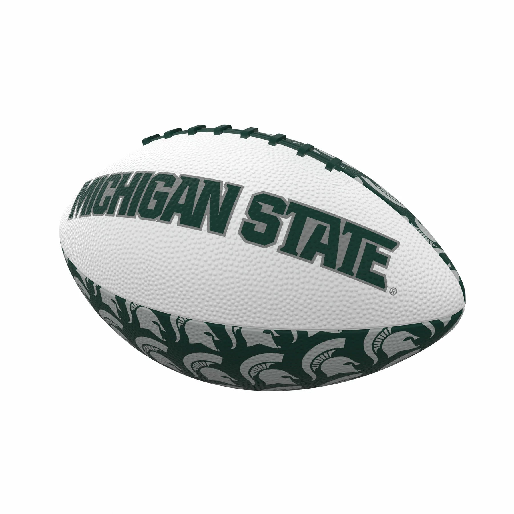 White and green mini football with "Michigan State" written in gray and green letters and gray Spartan Helmet logos patterned over the green sections of the football. 