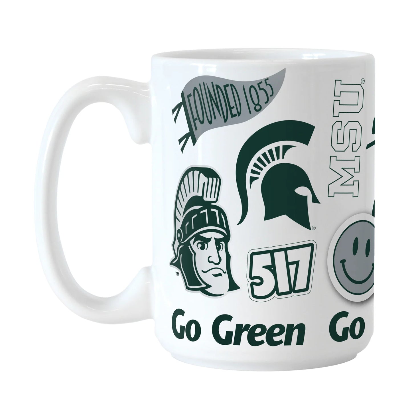 White mug with various MSU emblems all over in green and gray. The emblems include the block S logo, the Spartan Helmet logo, a "517" East Lansing area code wordmark, a graphic of Sparty running with a flag that says "State", the state of Michigan with the word "State" written over it, a pendant that has "Founded 1855" on it, and multiple MSU themed wordmarks or fun graphics. 