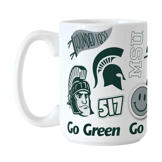 White mug with various MSU emblems all over in green and gray. The emblems include the block S logo, the Spartan Helmet logo, a "517" East Lansing area code wordmark, a graphic of Sparty running with a flag that says "State", the state of Michigan with the word "State" written over it, a pendant that has "Founded 1855" on it, and multiple MSU themed wordmarks or fun graphics. 