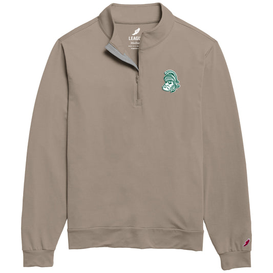 A brown quarter zip with a Gruff Sparty logo on the upper left chest.