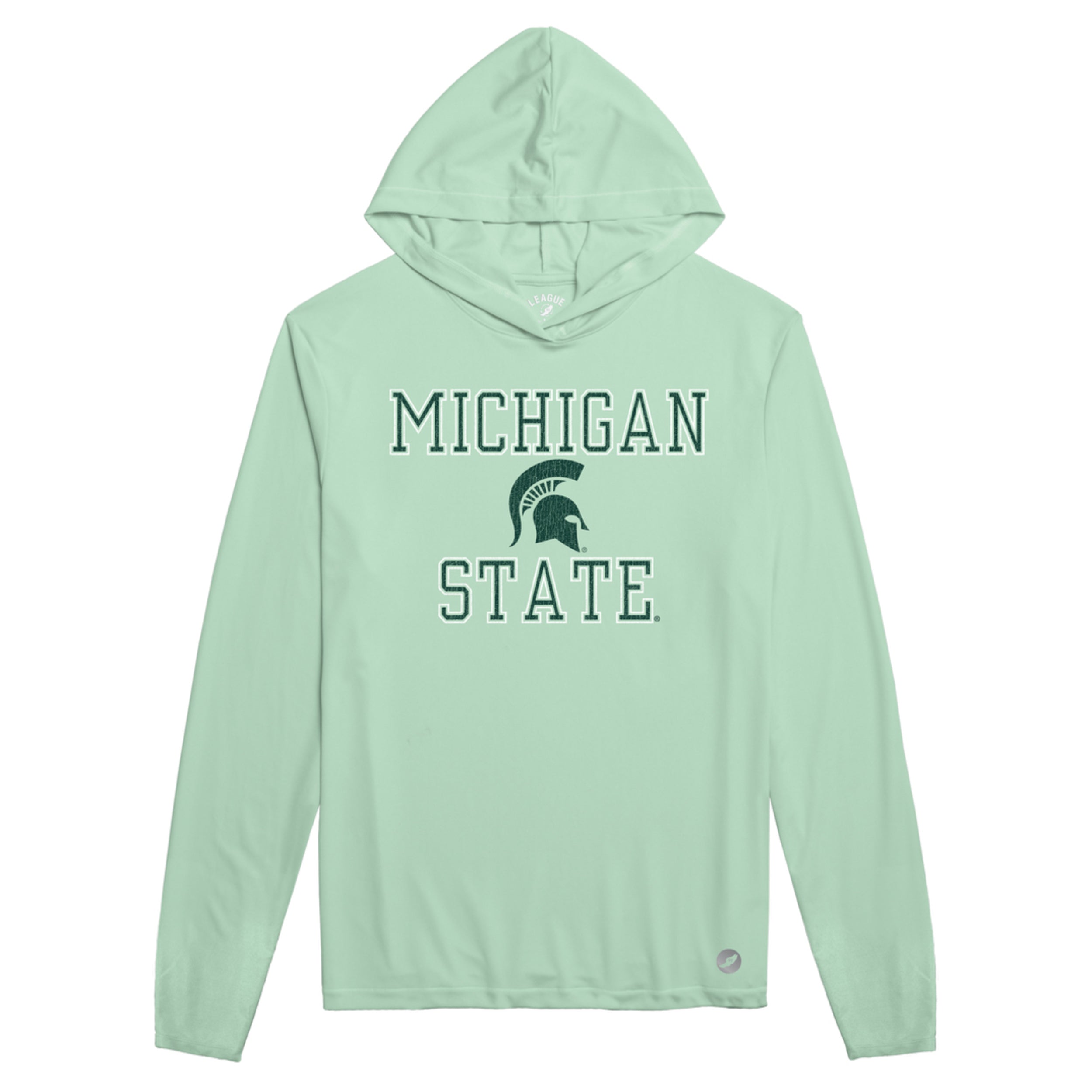A light green hoodie that reads "Michigan State" in green around a green Spartan helmet logo.