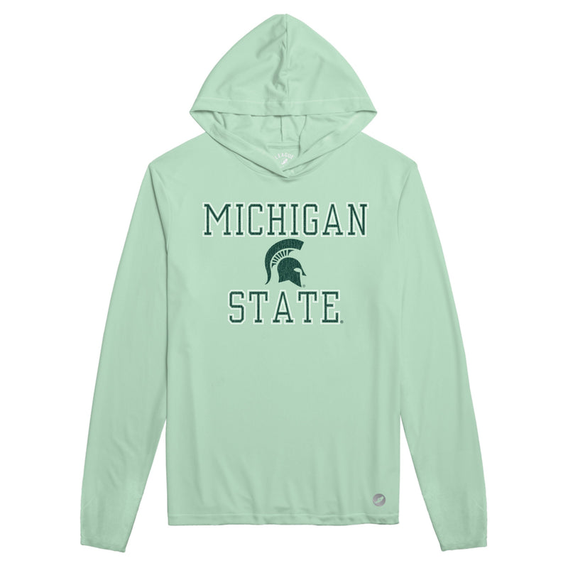 A light green hoodie that reads "Michigan State" in green around a green Spartan helmet logo.