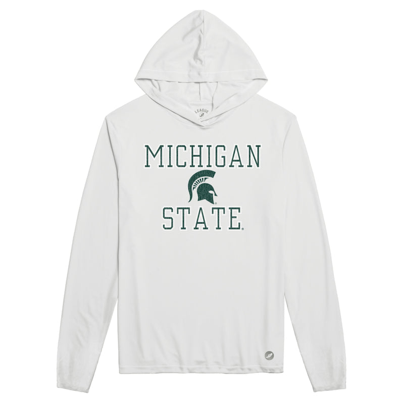 A white hoodie that reads "Michigan State" in green around a green Spartan helmet logo.