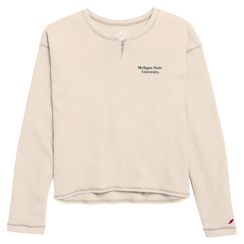 A long sleeve cream-colored waffle knit long sleeve that reads "Michigan State University" on the upper left chest.