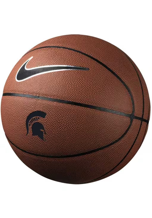 Orange basketball with a black Nike logo and black Spartan Helmet logo underneath. 