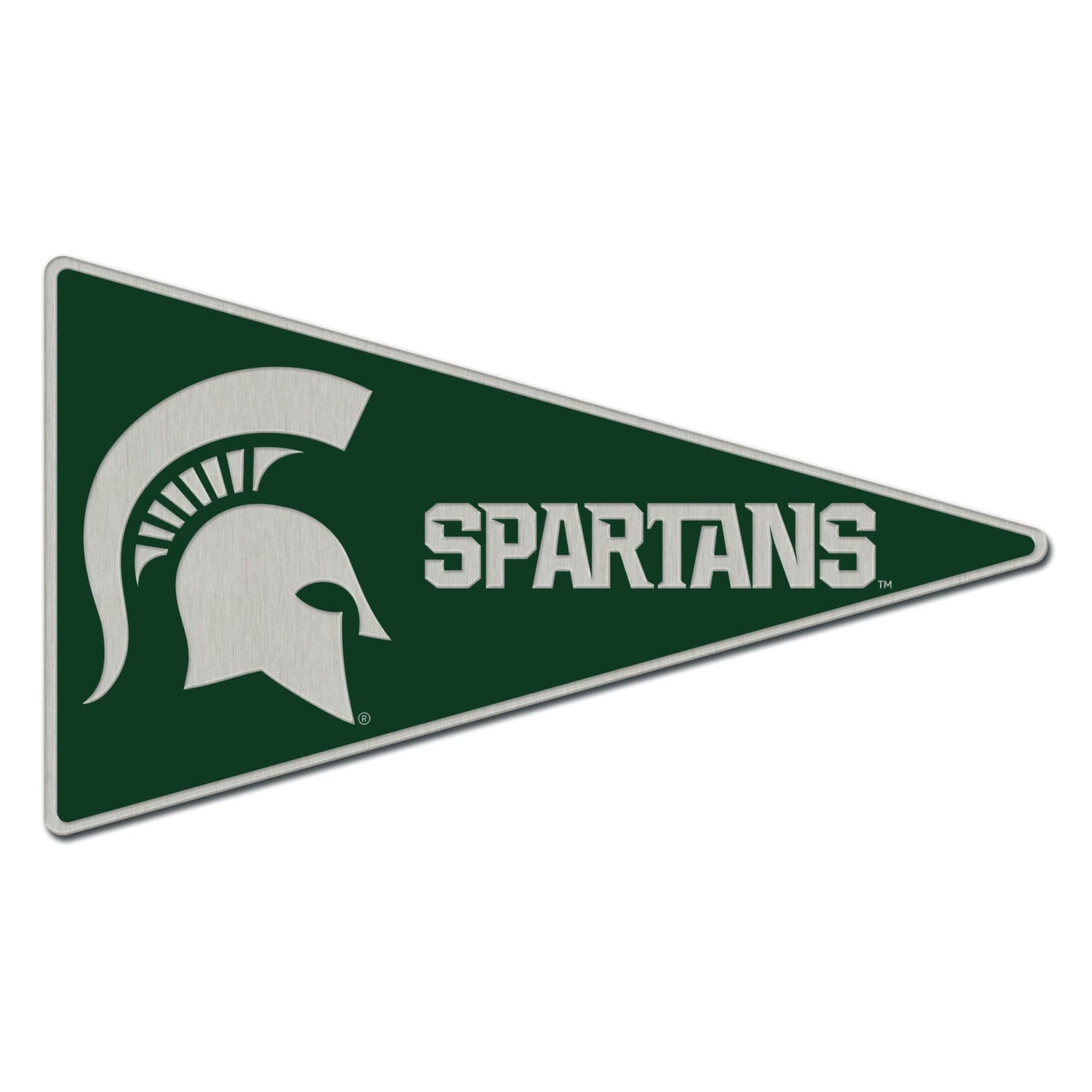 A pennant flag shaped pin with a green background, featuring 'SPARTANS' and a Spartan Helmet logo in white.