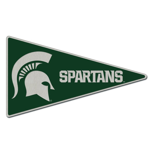 A pennant flag shaped pin with a green background, featuring 'SPARTANS' and a Spartan Helmet logo in white.