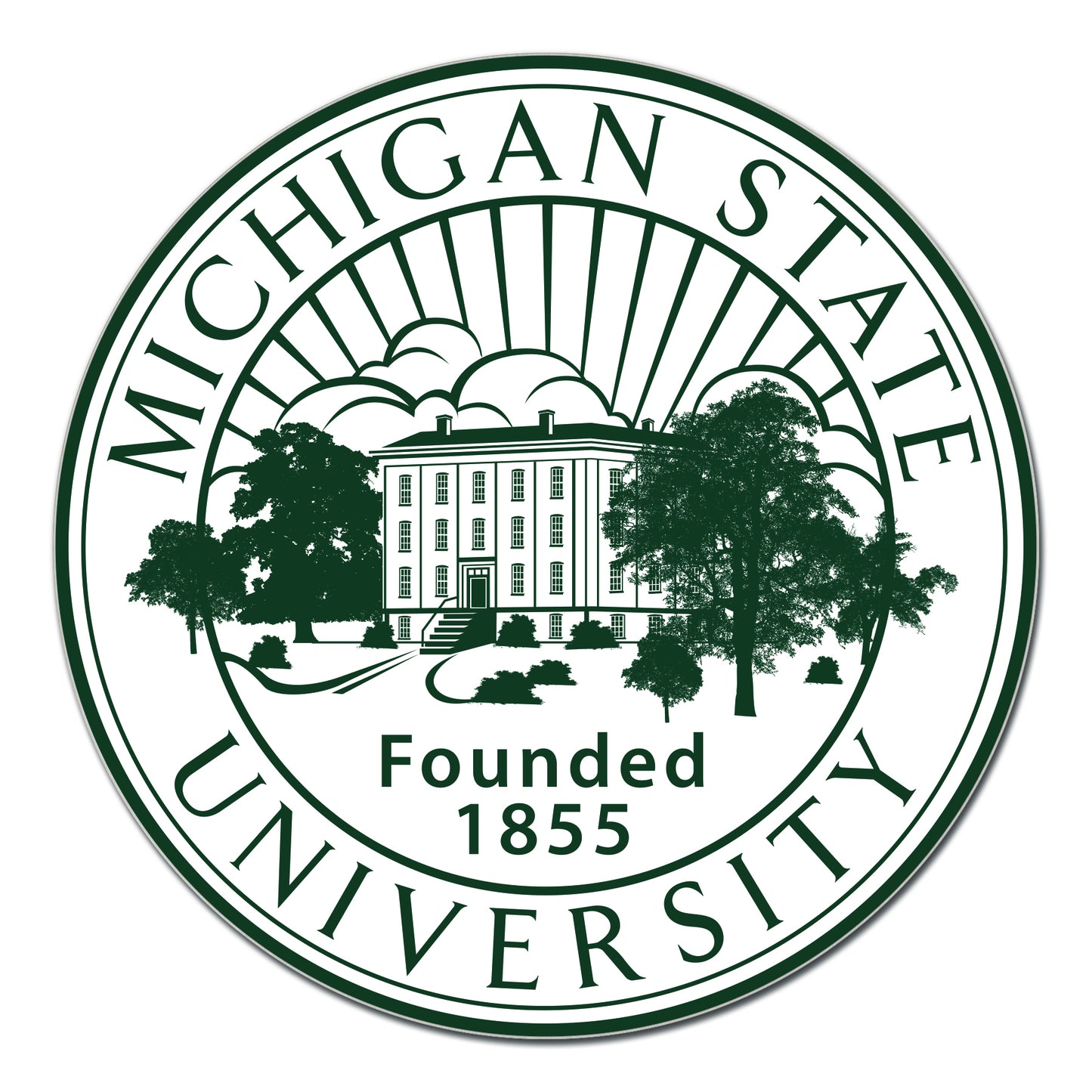 White and green Michigan State University seal pin. 