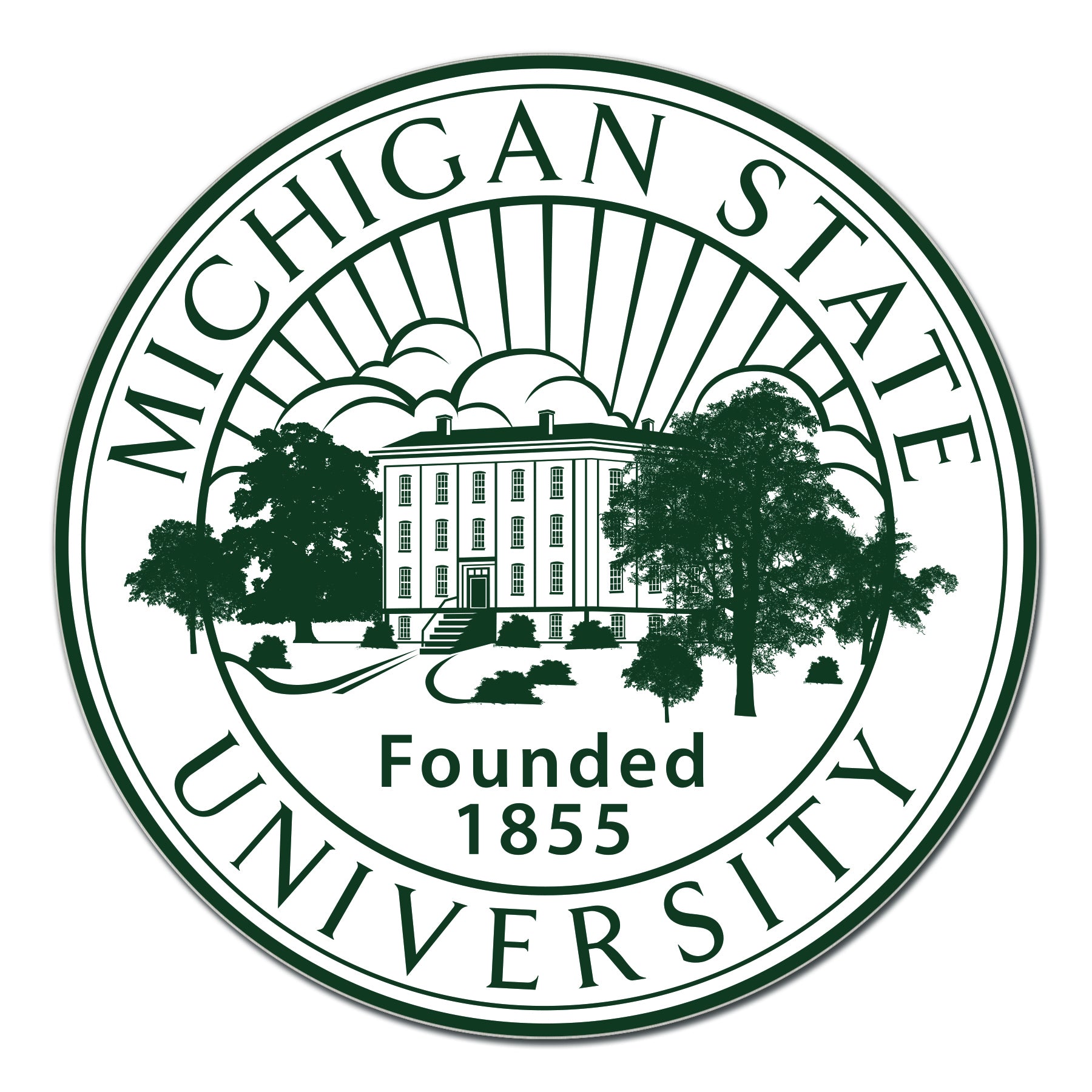 White and green Michigan State University seal pin. 