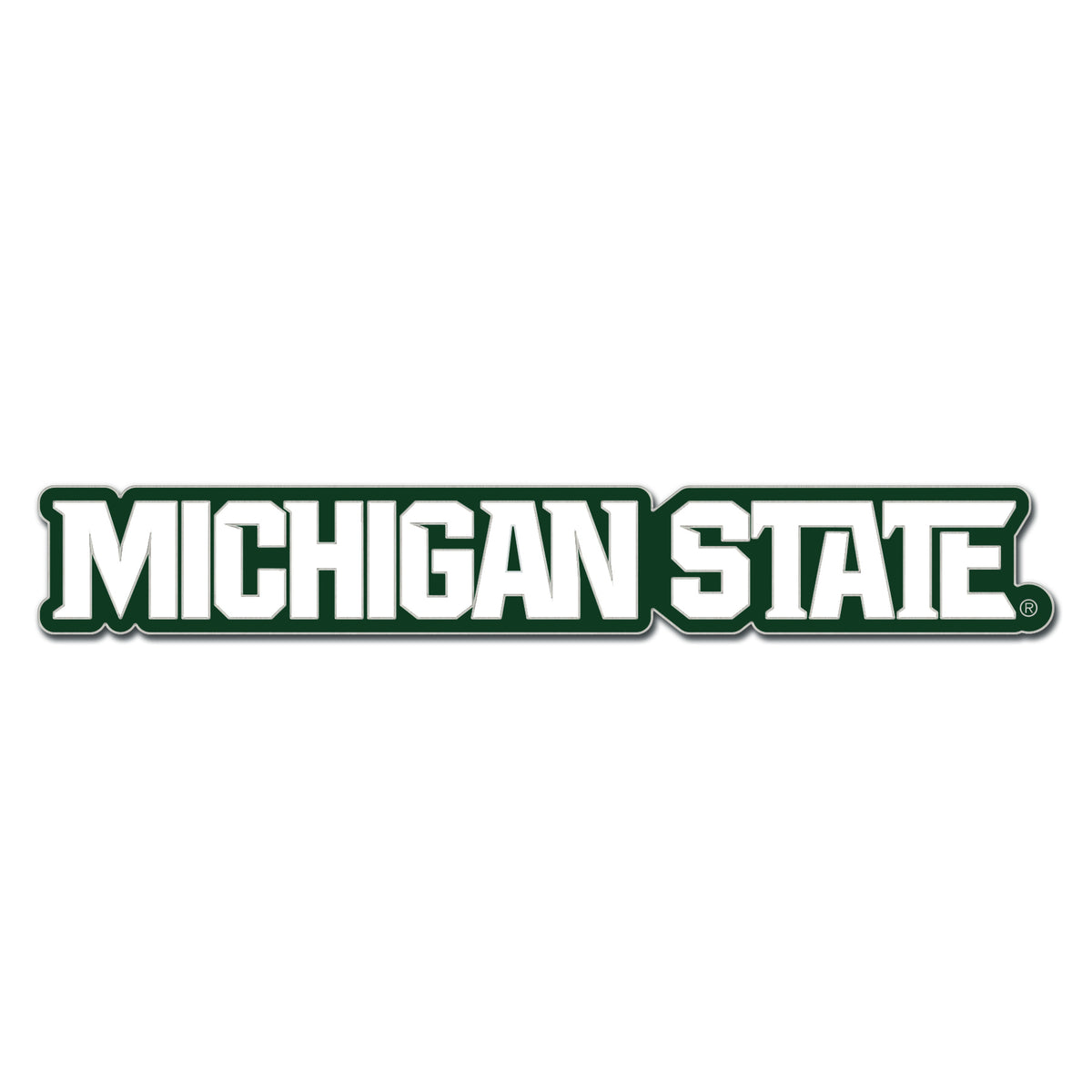 Enamel pin that reads "Michigan State" in white block letters that outlined in green. 