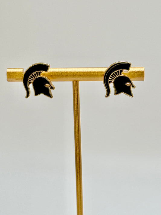 A pair of gold and dark green plated stud earrings shaped as a Spartan Helmet logo. 