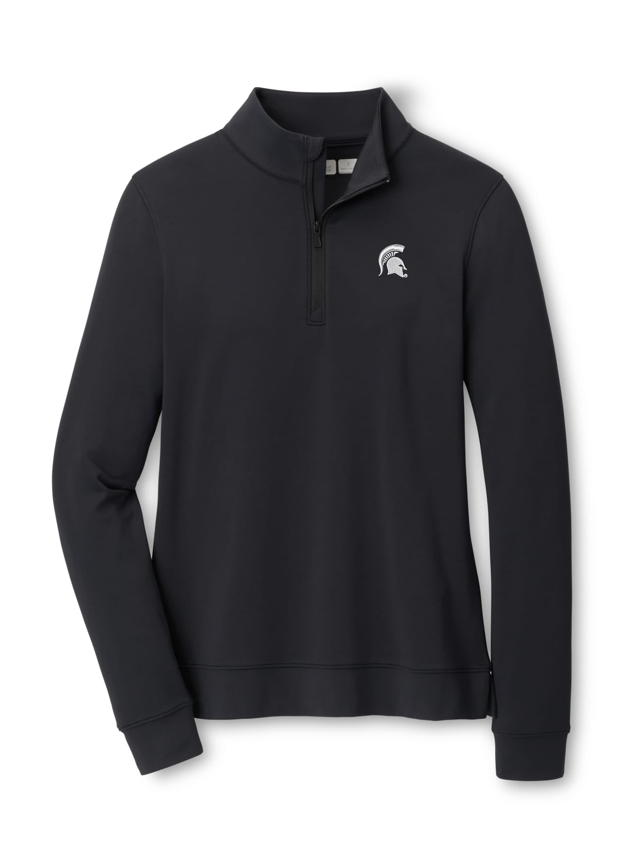 Black women's quarter zip pull over. Has a white spartan helmet embroidered on left chest. Pullover as a mock neck collar. 