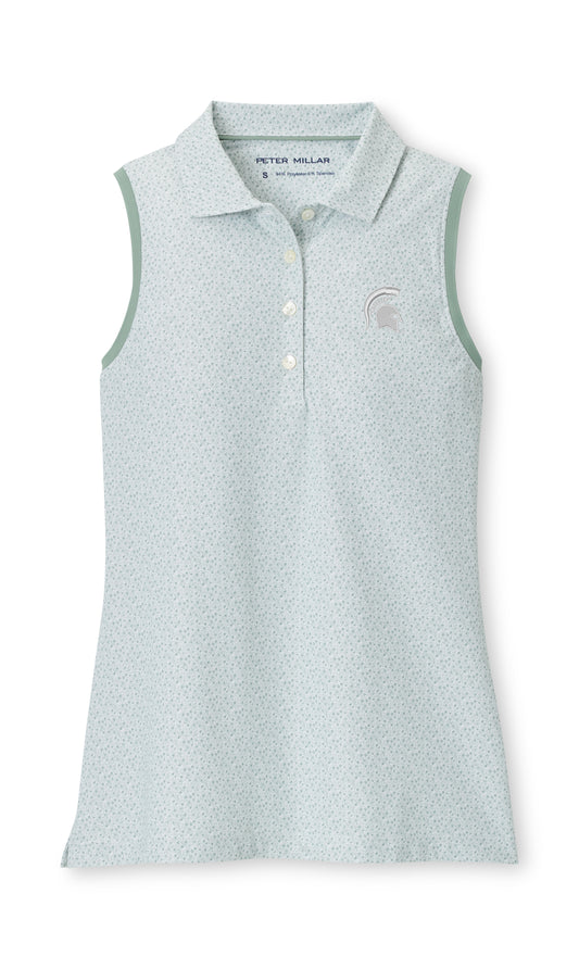 Light green and white patterned sleeveless polo with a darker green hem on the sleeves, three button placket, and white Spartan Helmet logo embroidered on the upper left chest. 