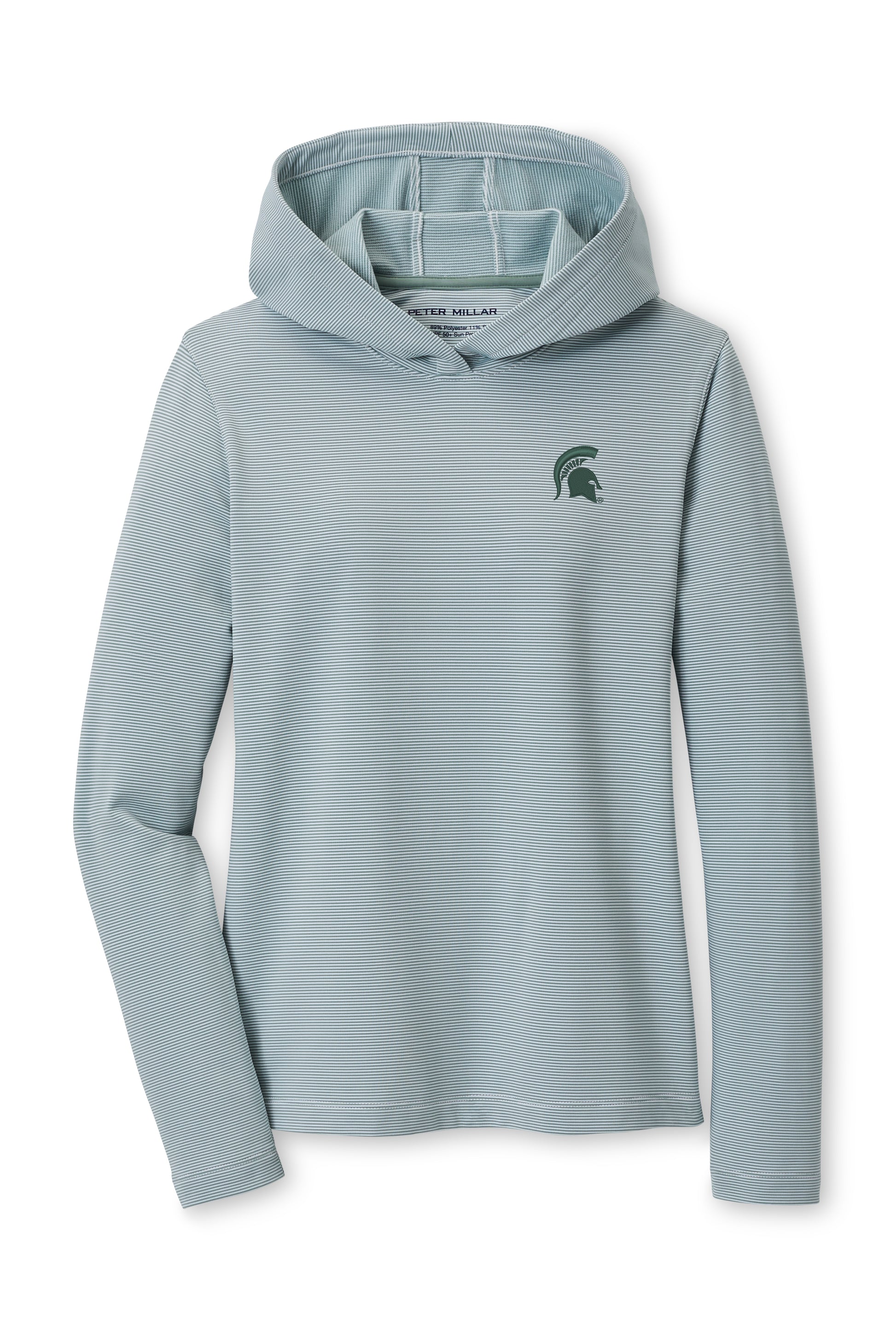 Light blue striped hoodie with a green Spartan Helmet logo on the upper left chest. 
