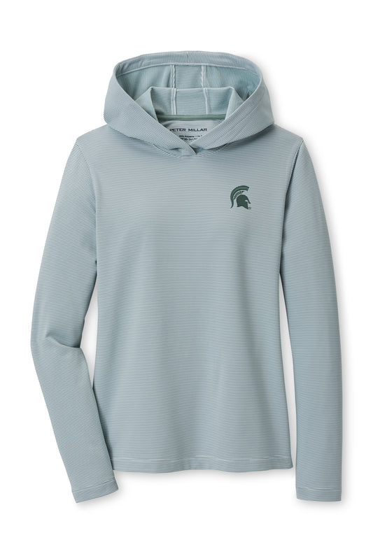 Light blue striped hoodie with a green Spartan Helmet logo on the upper left chest. 