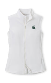 White full-zip vest with an off white two way zipper and green Spartan Helmet logo embroidered on the upper left chest. 
