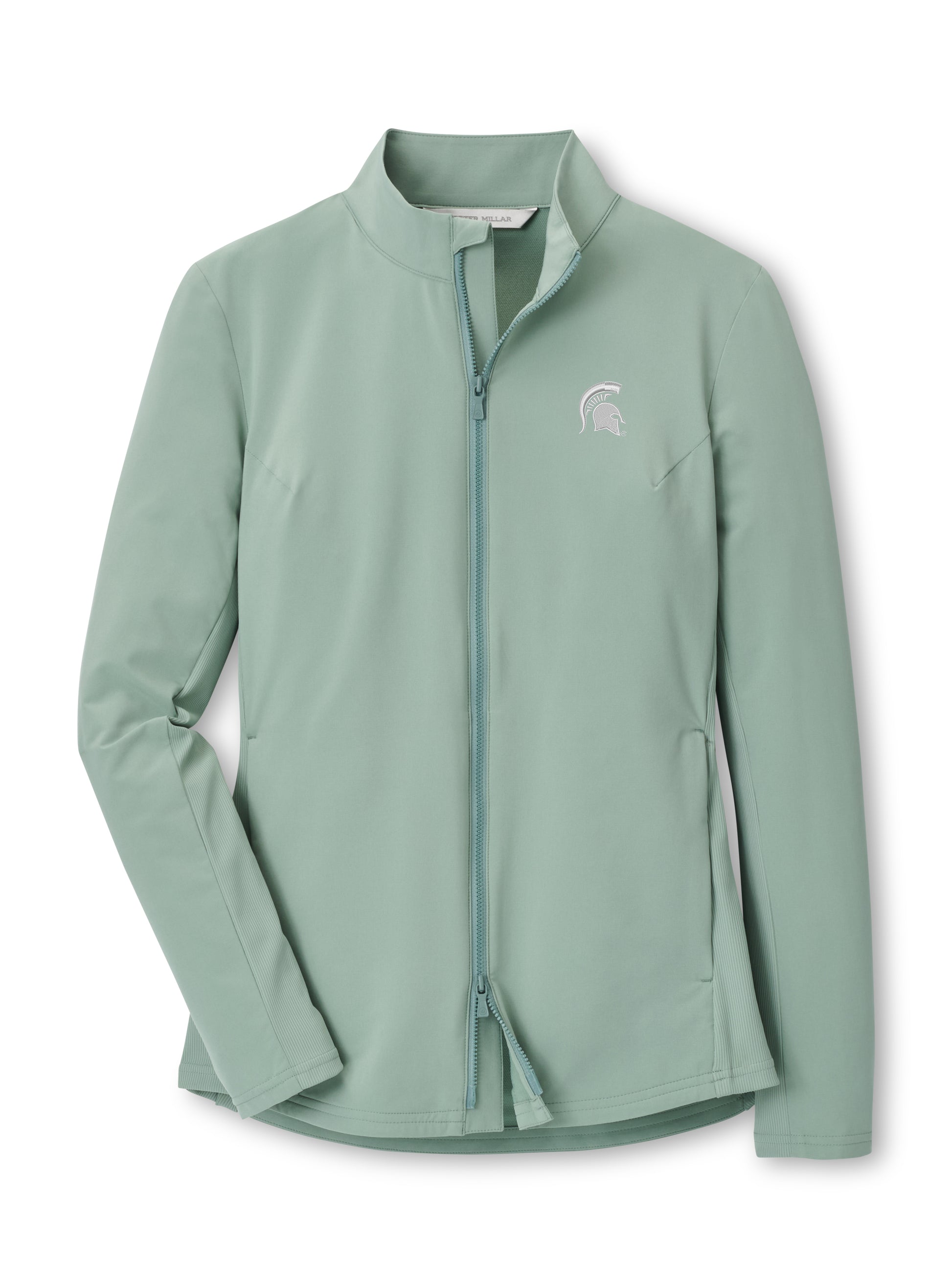 Light green full-zip jacket with two way zipper, pockets on either side, and a white Spartan Helmet logo embroidered on the upper left chest. 
