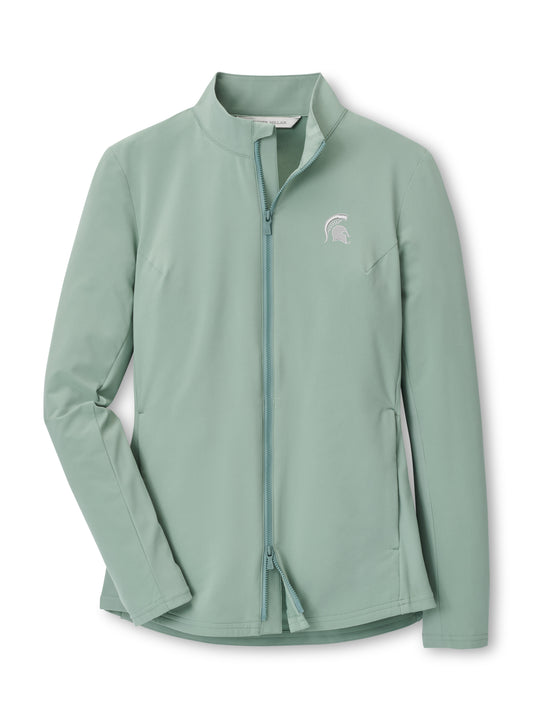Light green full-zip jacket with two way zipper, pockets on either side, and a white Spartan Helmet logo embroidered on the upper left chest. 