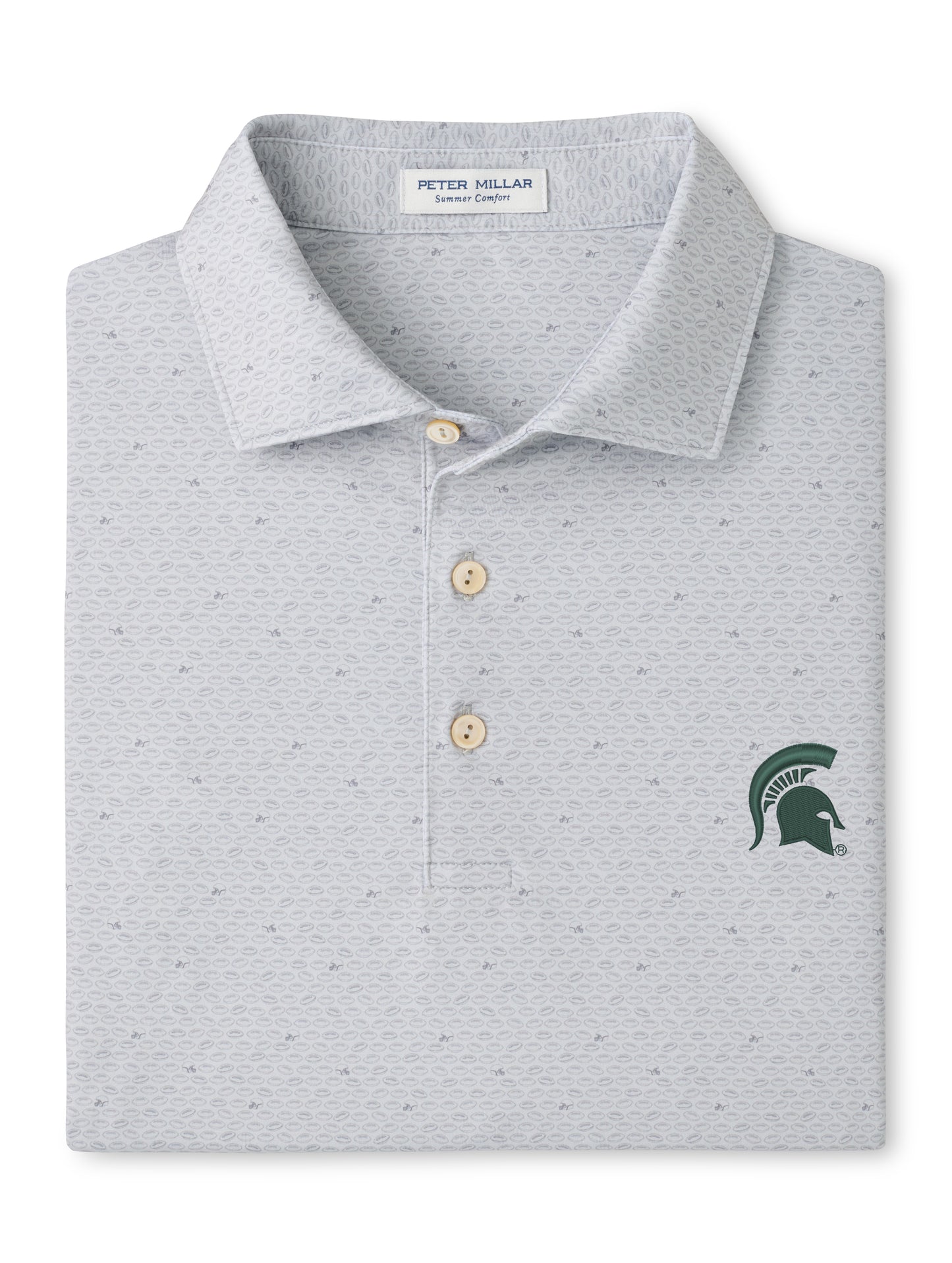 Light gray polo with a three button placket, simple pattern, and a green Spartan Helmet logo embroidered on the upper left chest. 