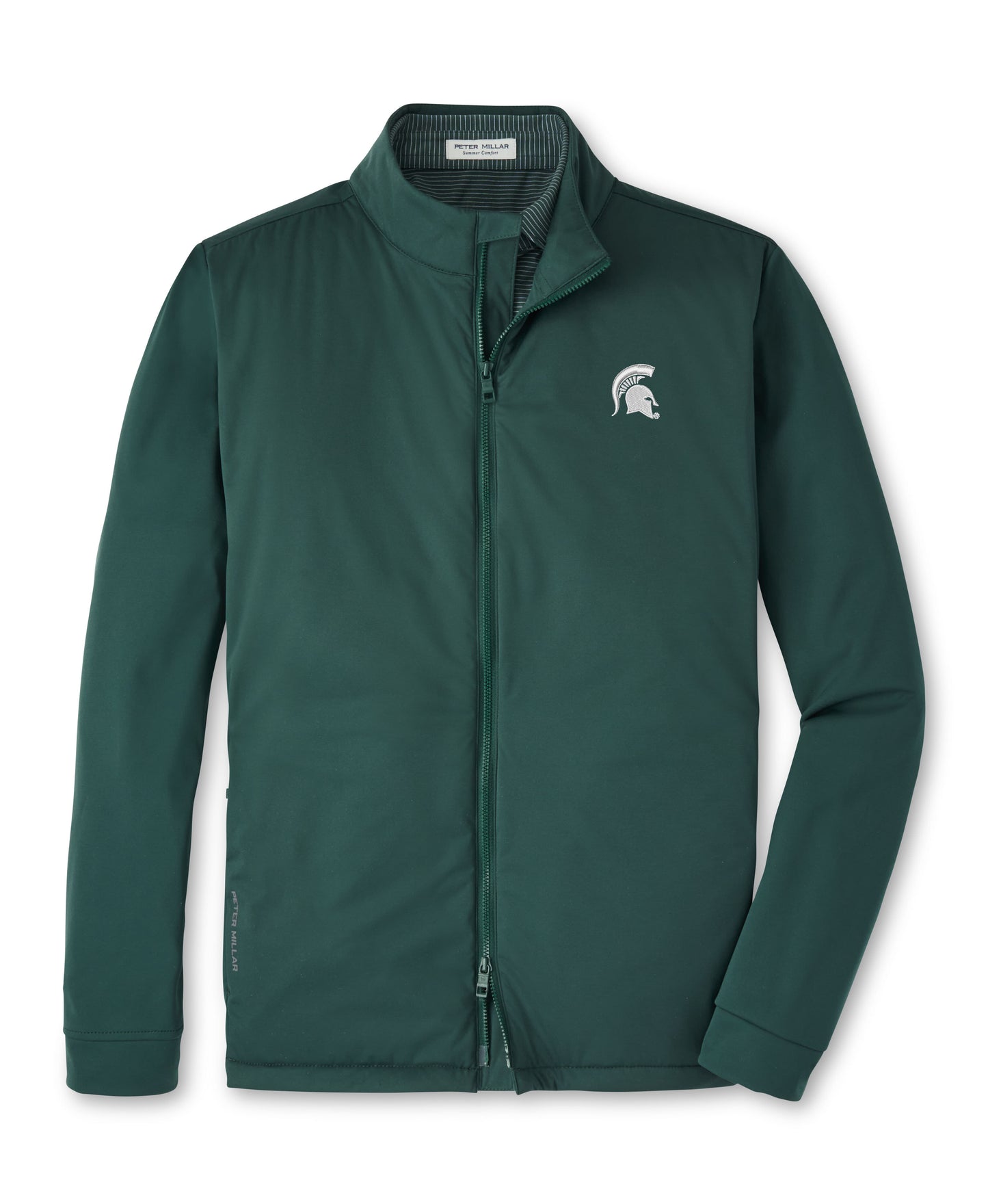 Green full zip jacket with a double zipper and mock neck collar. On the left chest is a white embroidered Spartan helmet. 