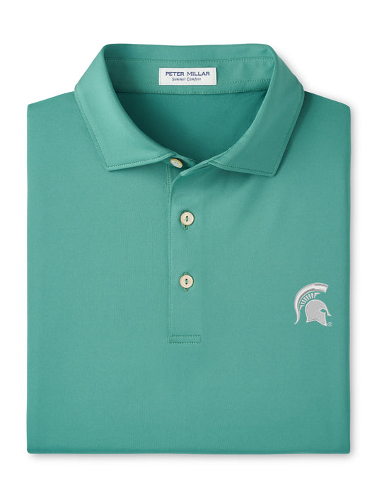 Teal polo with a three button placket and white Spartan Helmet logo embroidered on the upper left chest. 