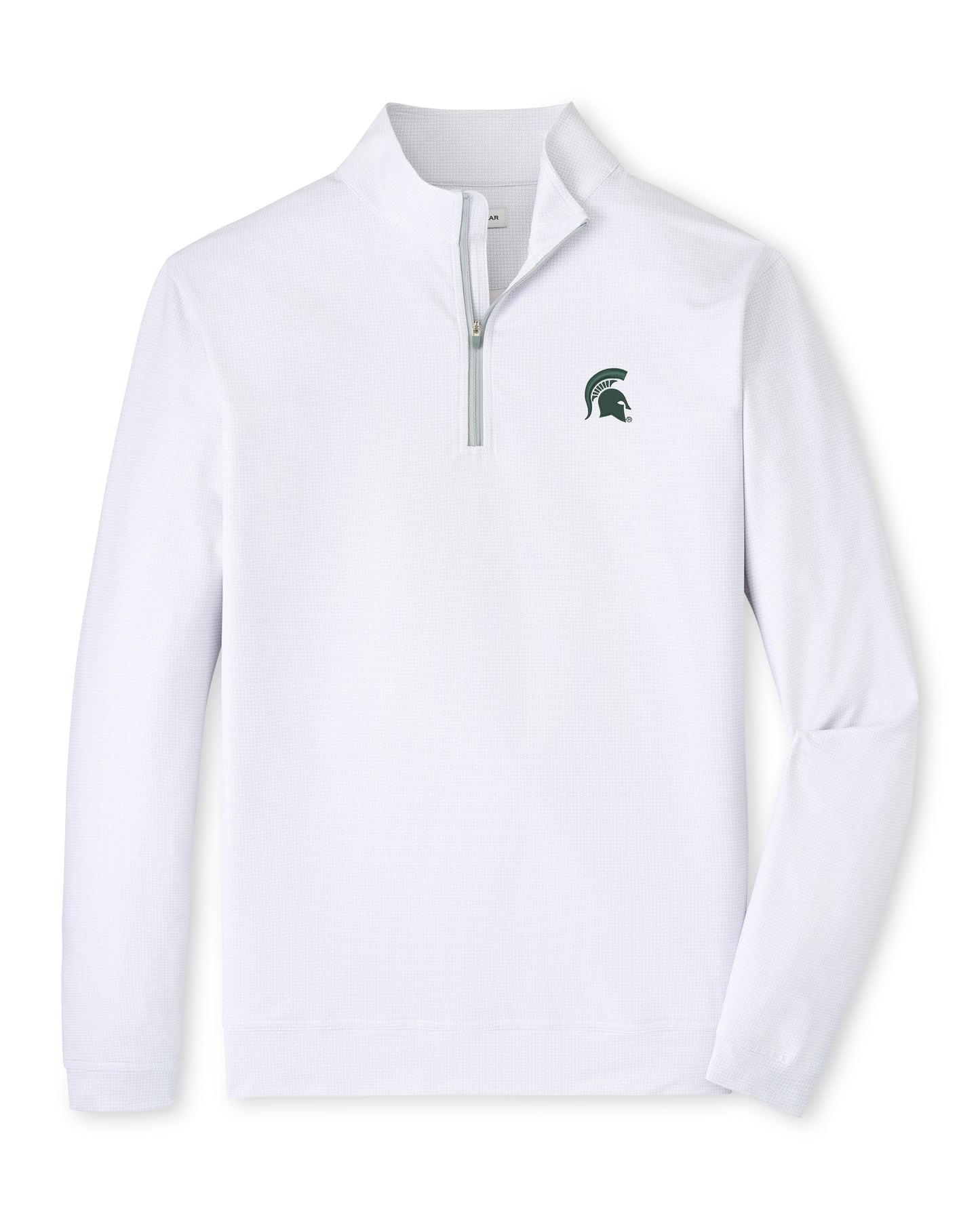 White quarter-zip with a gray lined zipper and green Spartan Helmet logo embroidered on the upper left chest. 