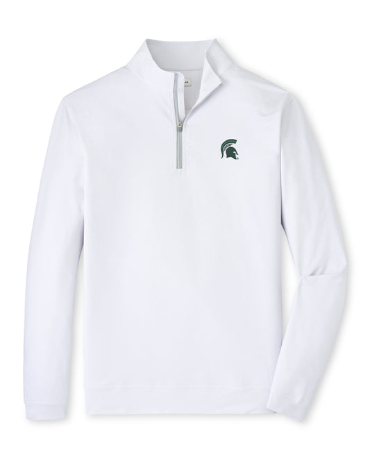 White quarter-zip with a gray lined zipper and green Spartan Helmet logo embroidered on the upper left chest. 
