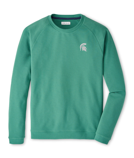 Green pullover with a white Spartan Helmet logo embroidered on the upper left chest. 