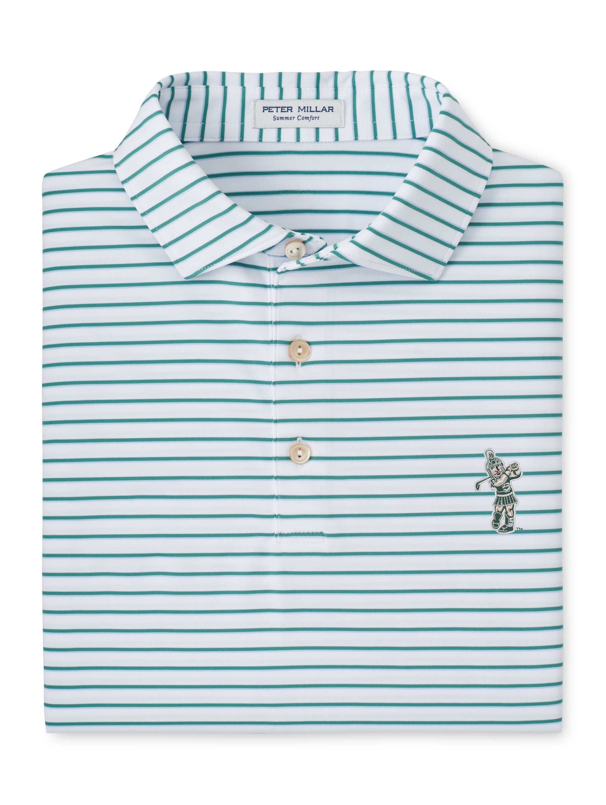 Green and white stripe polo with a three button placket and the Golf Sparty logo embroidered on the upper left chest. 