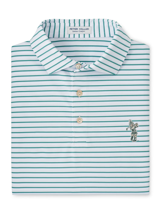 Green and white stripe polo with a three button placket and the Golf Sparty logo embroidered on the upper left chest. 