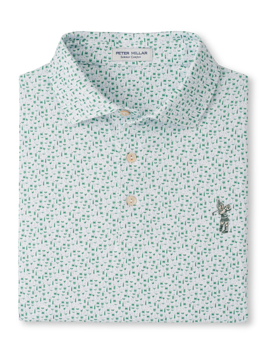 White polo with a three button placket, green designs, and the Golf Sparty logo on the upper left chest.