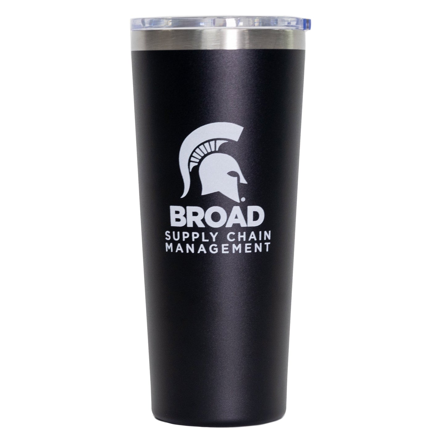 Black tumbler with a white Spartan Helmet logo printed over the Broad Supply Chain Management logo in the center. Shown on a white background.