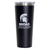 Black tumbler with a white Spartan Helmet logo printed over the Broad Supply Chain Management logo in the center. Shown on a white background.