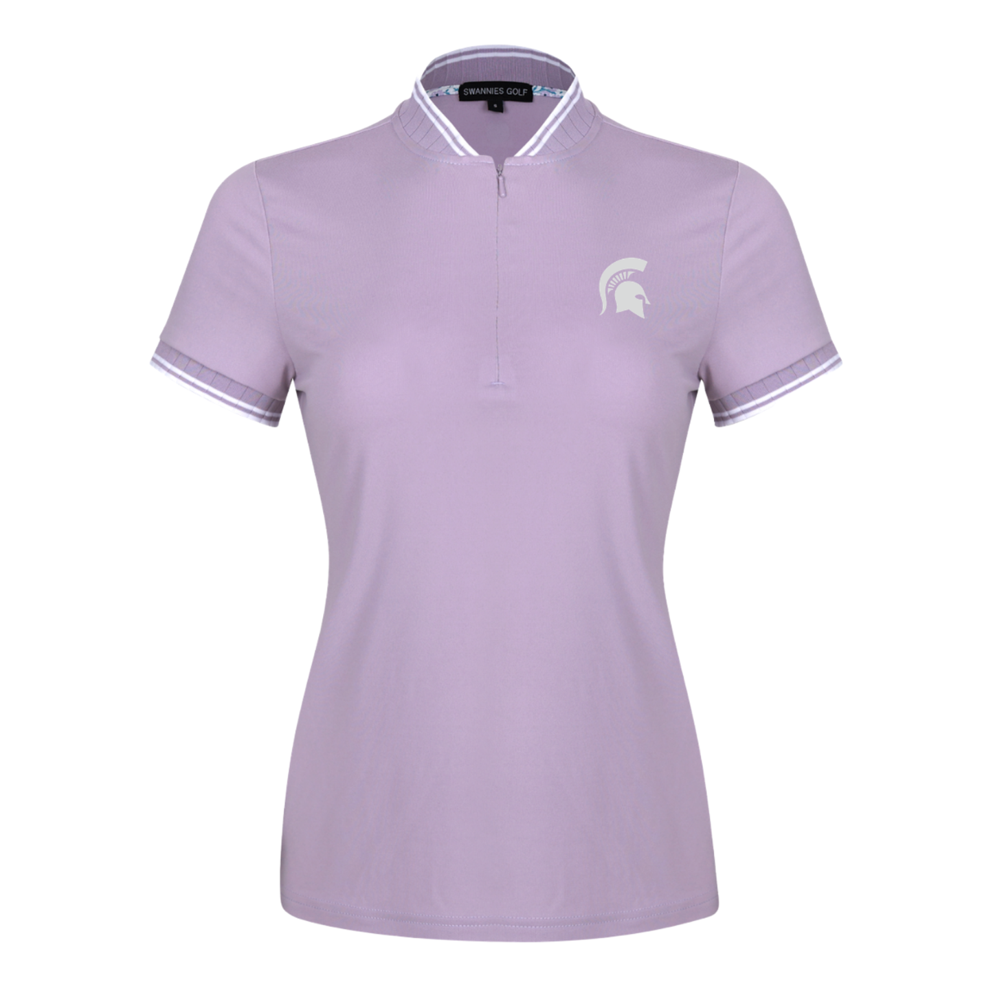 Light purple quarter-zip mock neck pullover. Trim of sleeves and collar are pleated and have two thin white stripes toward the end of the pleated area. Embroidered on left chest is a white Spartan helmet logo. 