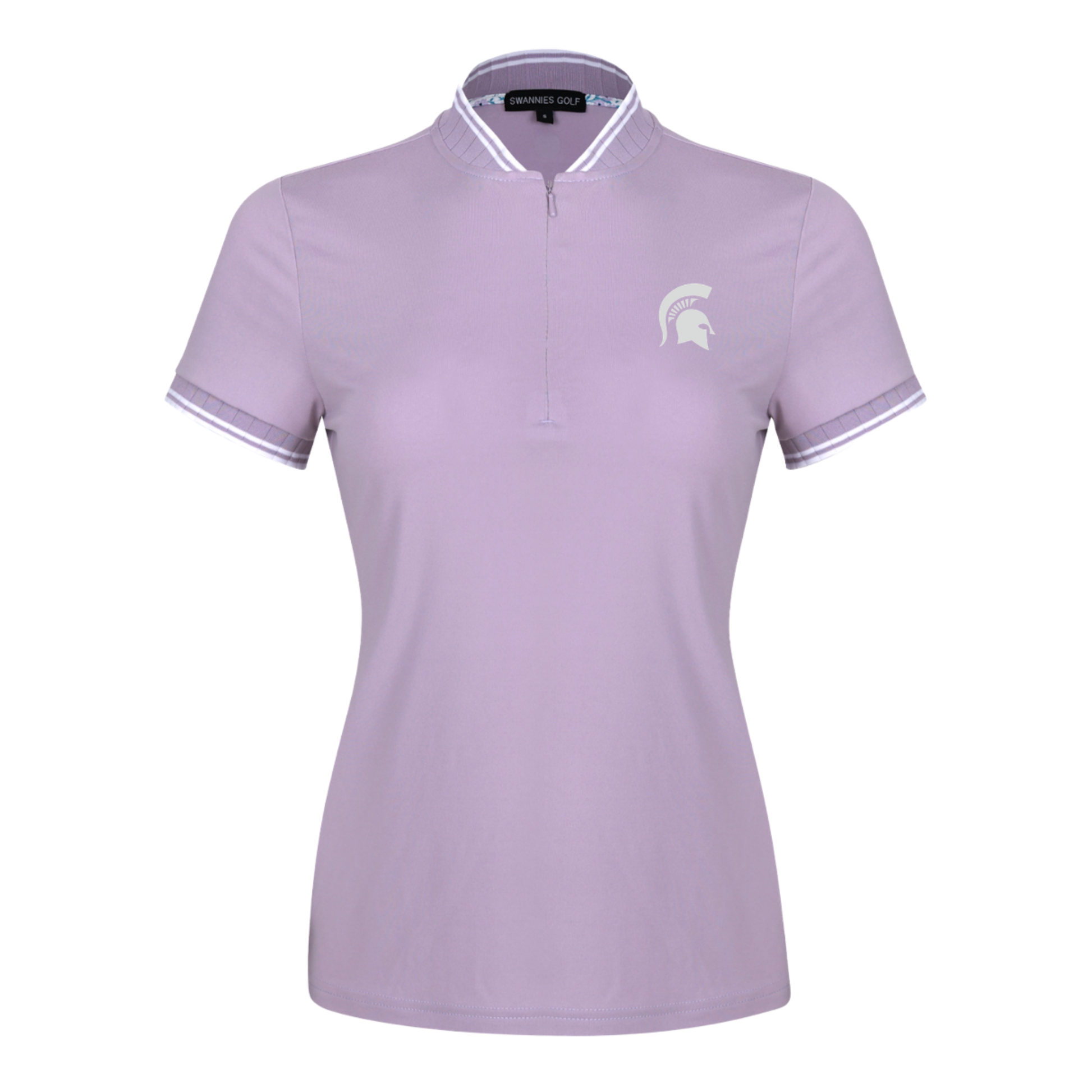 Light purple quarter-zip mock neck pullover. Trim of sleeves and collar are pleated and have two thin white stripes toward the end of the pleated area. Embroidered on left chest is a white Spartan helmet logo. 
