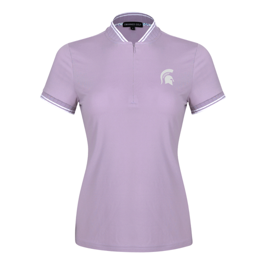 Light purple quarter-zip mock neck pullover. Trim of sleeves and collar are pleated and have two thin white stripes toward the end of the pleated area. Embroidered on left chest is a white Spartan helmet logo. 