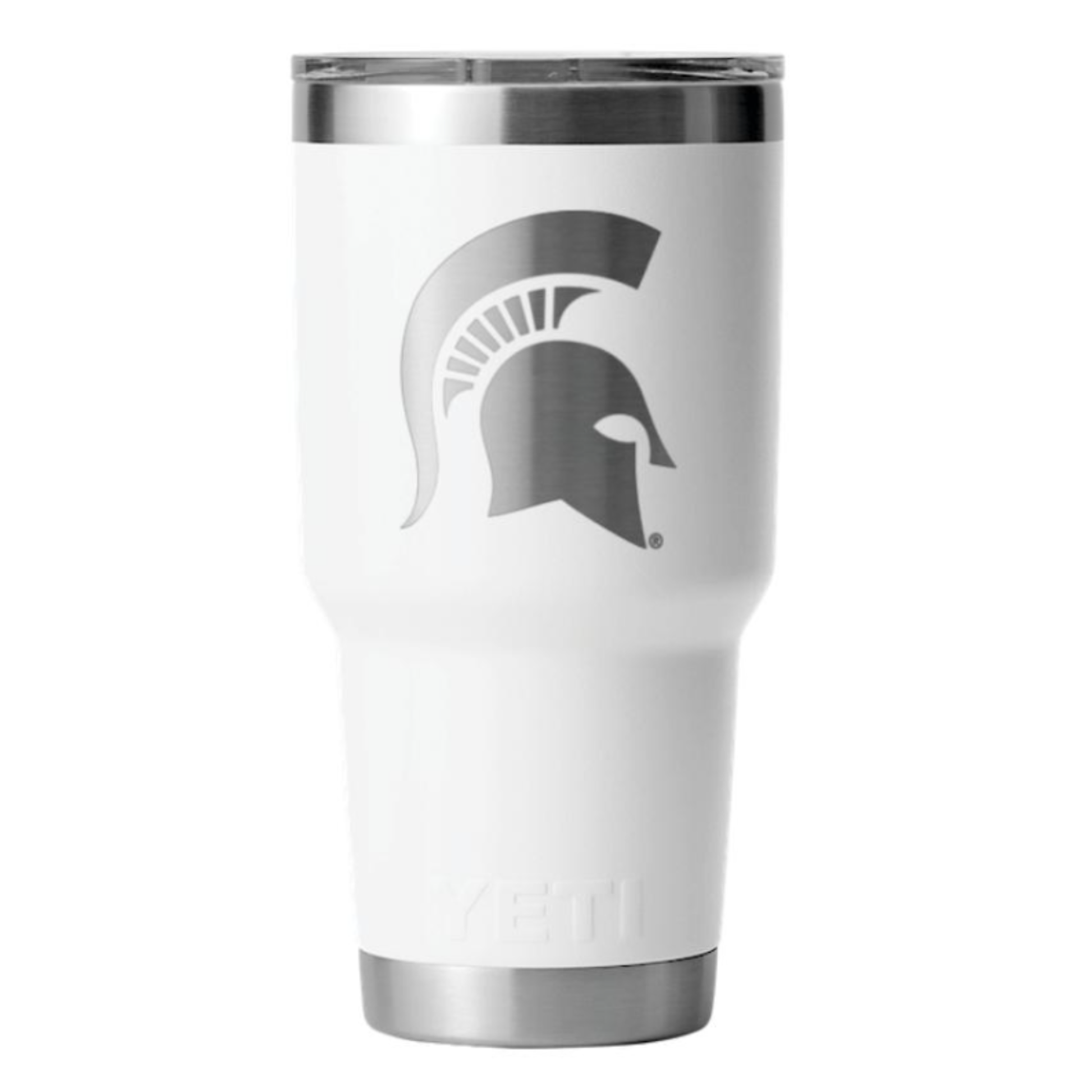 White stainless steel 30 oz. tumbler with a silver Spartan Helmet design on the front and silver on the bottom and top.