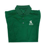 Close-up of a folded green Nike collared polo with three buttons. A white Spartan Helmet over the Broad Supply Chain Management logo is embroidered on the left upper chest.