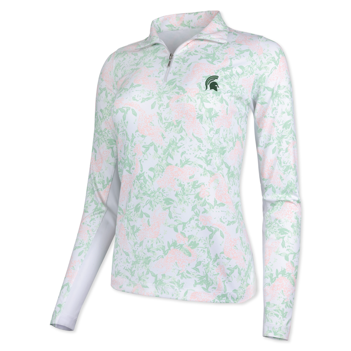 White fitted quarter-zip pullover with green and pink floral designs and a dark green Spartan Helmet logo embroidered on the upper left chest. The inside panels of the sleeves are white. 