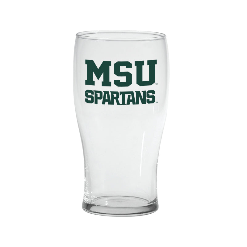 20 ounce pint glass with "MSU Spartans" written in capital green letters on the front of the cup. 