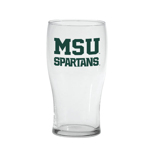 20 ounce pint glass with "MSU Spartans" written in capital green letters on the front of the cup. 