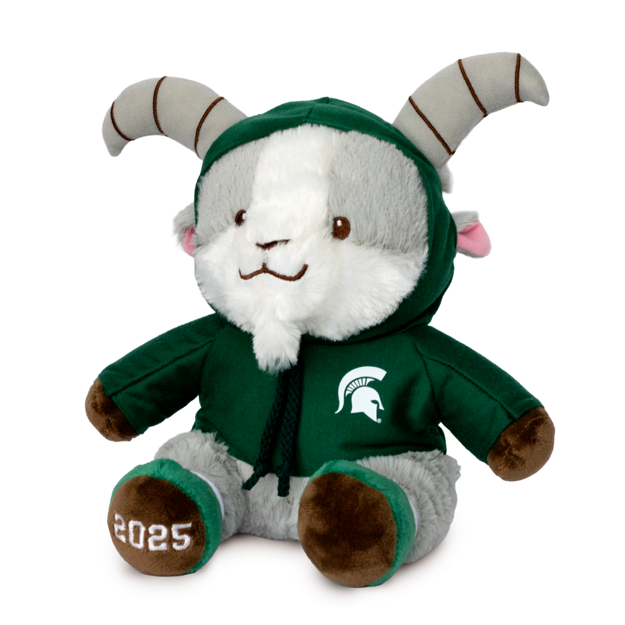 Plush toy goat in a green hoodie with a white Spartan Helmet logo on left chest.  With 2025 stitched on bottom of foot on a white background