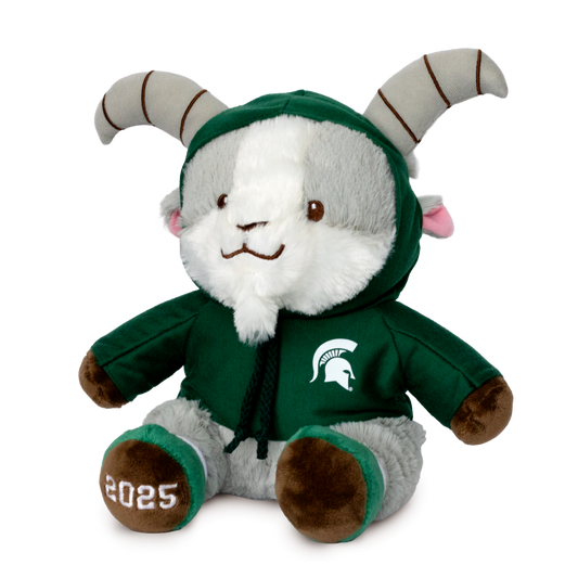 Plush toy goat in a green hoodie with a white Spartan Helmet logo on left chest. With 2025 stitched on bottom of foot on a white background