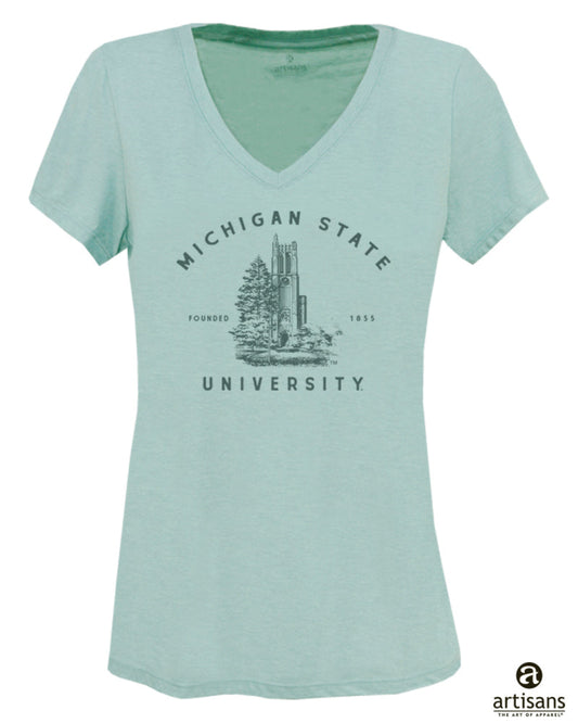 Light green V-neck T-shirt with short sleeves featuring a graphic of Beaumont Tower surrounded by trees and the text 'MICHIGAN STATE UNIVERSITY' along with 'FOUNDED 1855';