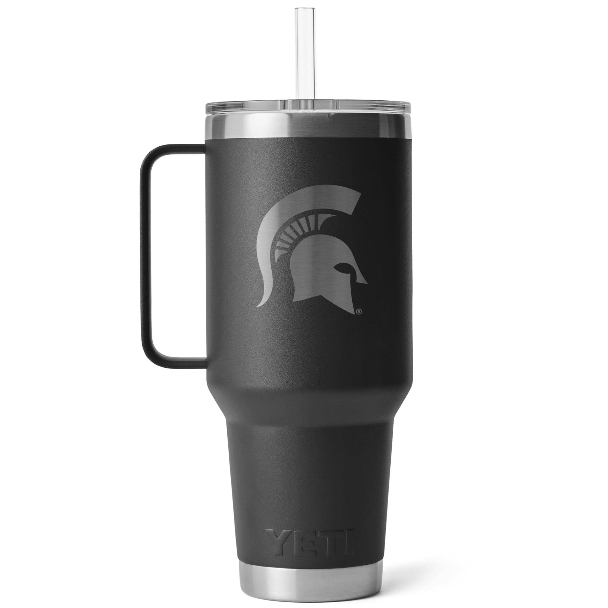 Black Yeti mug with handle and straw featuring a etched in Spartan Helmet logo on a white background