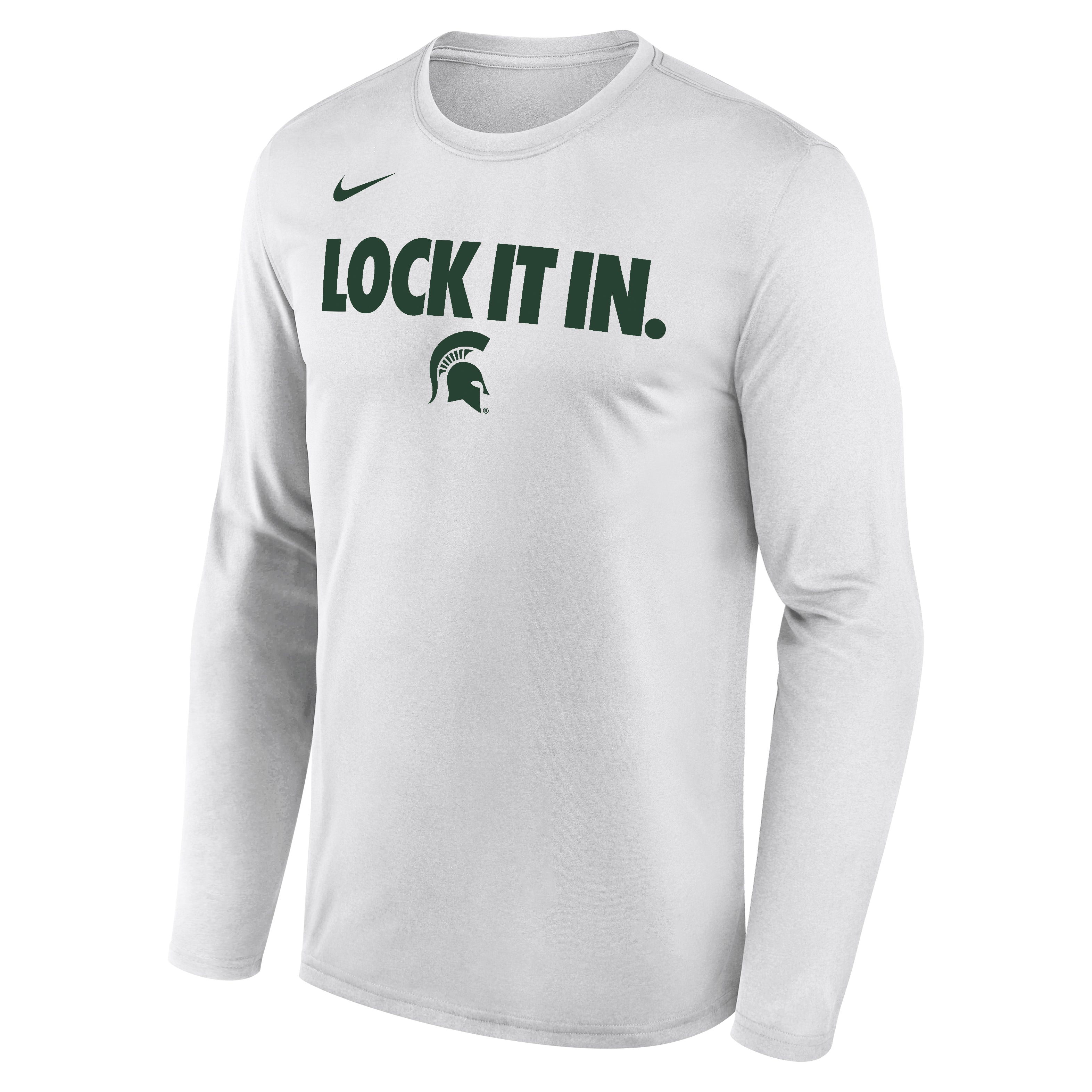 White long-sleeve shirt with "Lock It In." green text and a green Spartan Helmet logo below the text. The Nike logo is printed above the text in green on the upper right chest. Shown on a white background. 