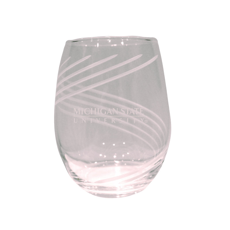 Wine glass with an etched swirl design and a white wordmark in the center that reads "Michigan State University". The wine glass is not transparent; it features a white frosted affect that is shiny.