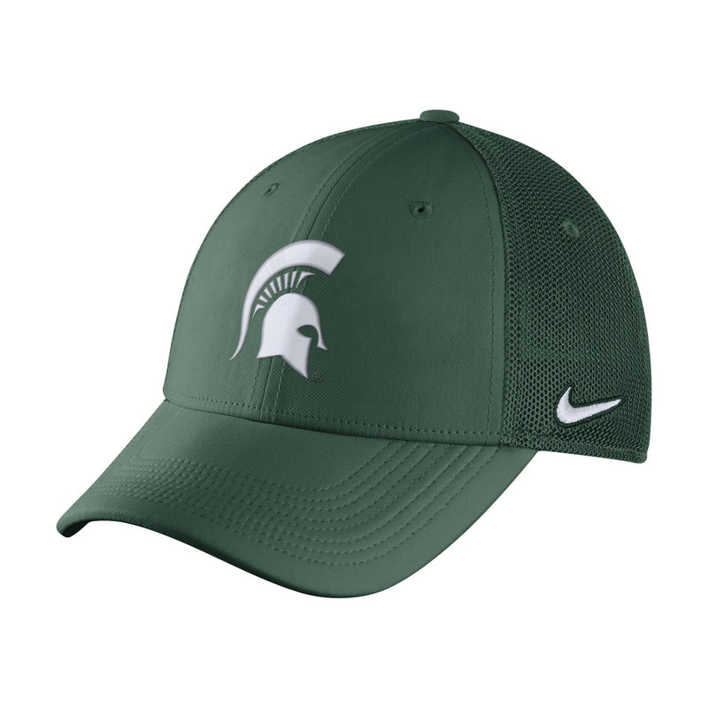 A green Nike Legacy91 Swoosh Flex fitted mesh hat with eyelets and an embroidered white Spartan helmet on the front, and white Nike Swoop on the side.
