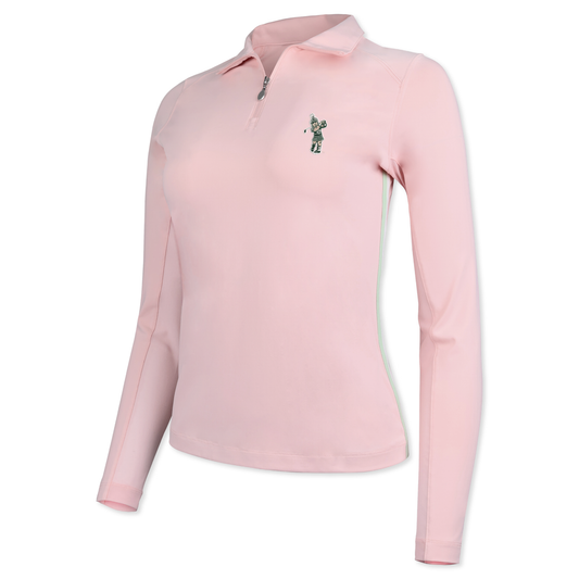 Light pink fitted quarter-zip with a silver zipper buckle and Golf Sparty logo on the upper left chest. 