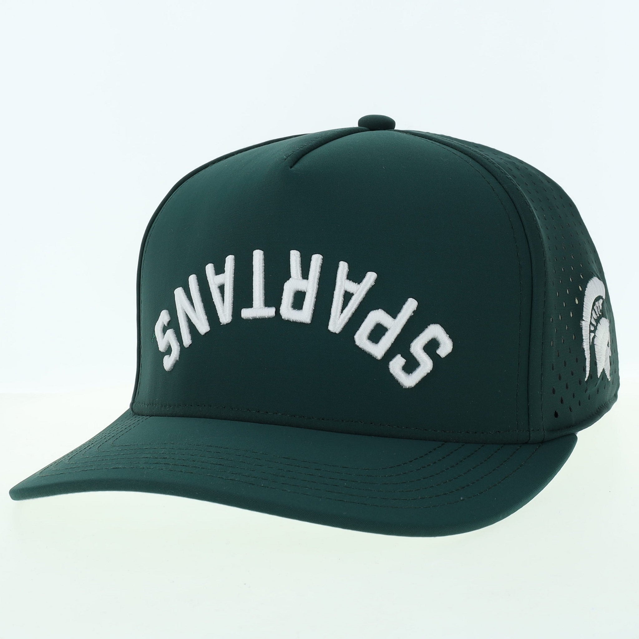 Dark green baseball cap with 'SPARTANS' embroidered upside down in white arched text on the front and a white Spartan helmet logo on the side.